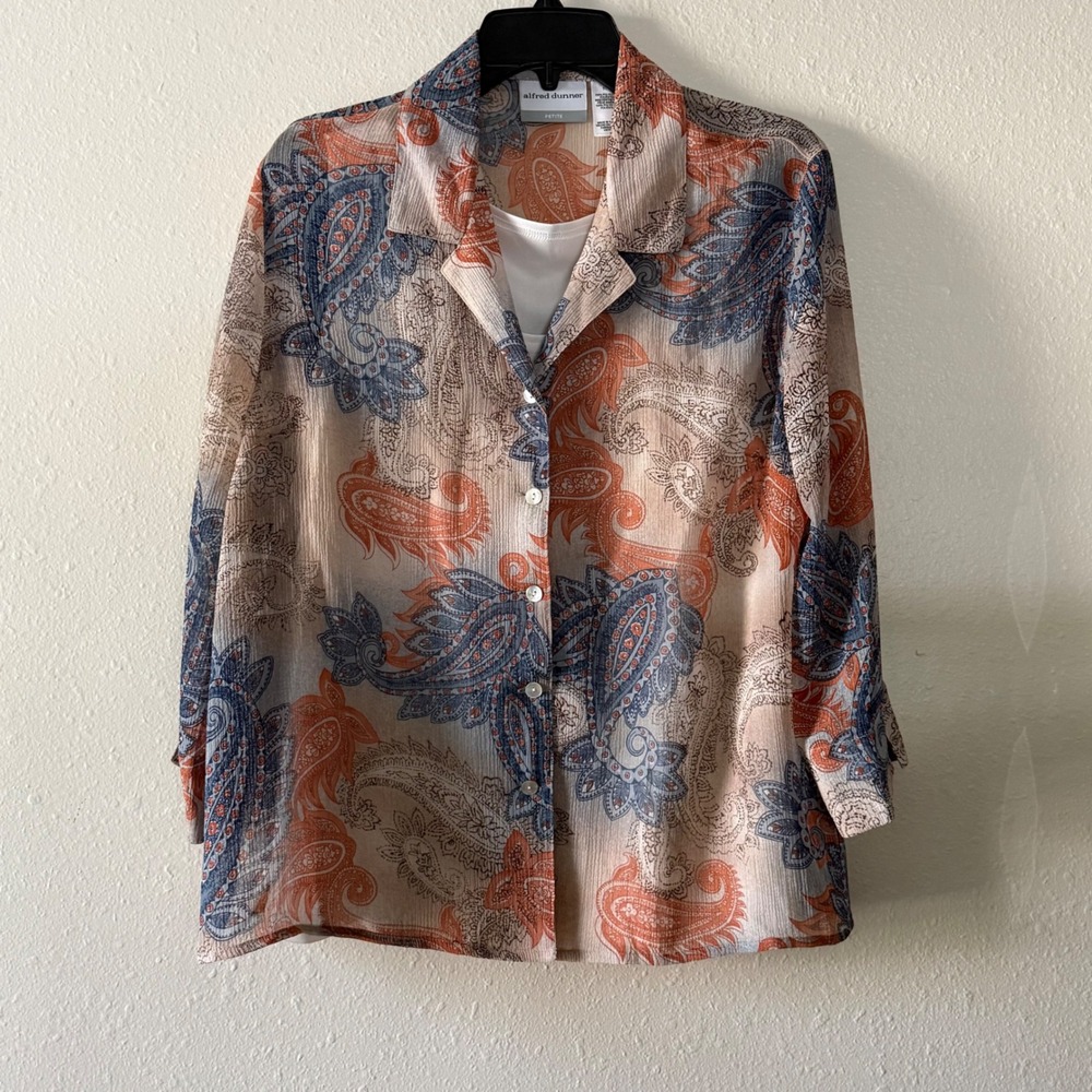 Alfred Dunner Petite 14P Paisley Blouse and Beaded Tank 2 Piece Set Blue Coral